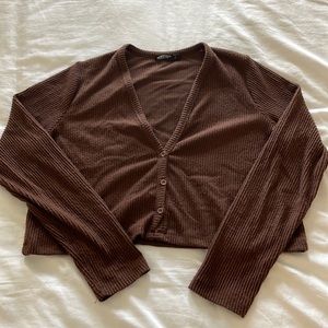 NASTYGAL brown button up cropped ribbed sweater